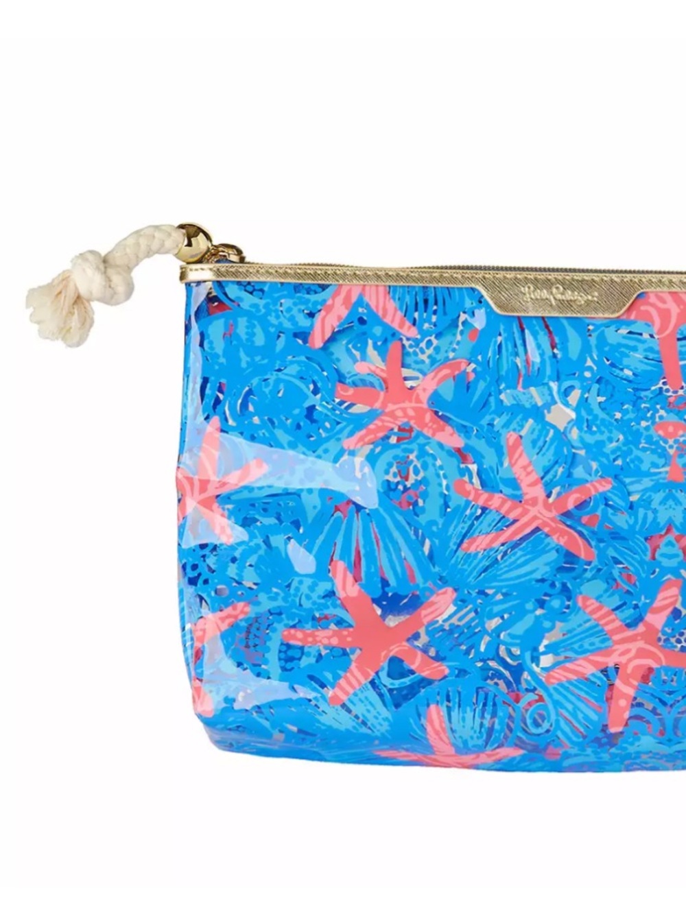 NWT Lilly Pulitzer Blue BEACH Pouch with Pink Starfish and Gold Zipper